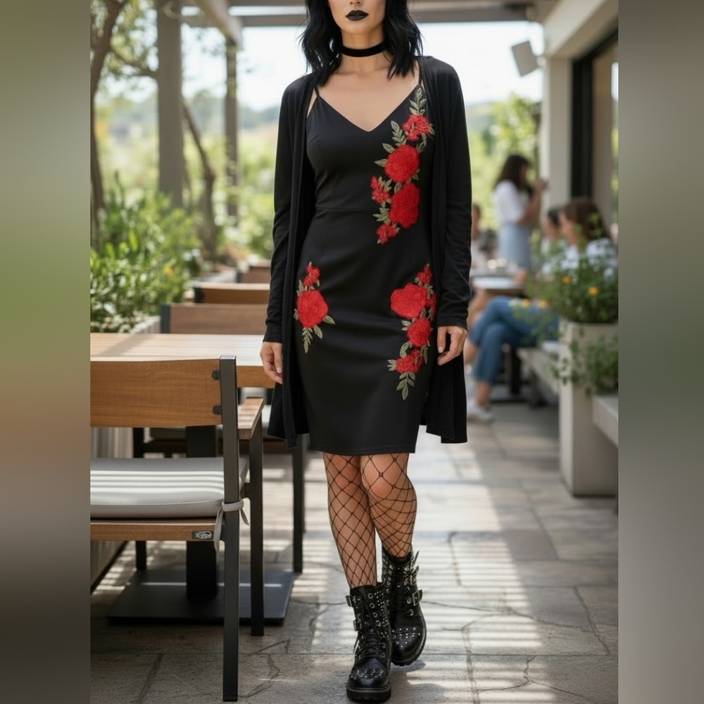 Vtg Y2K Charlotte Russe Black and Red Rose Midi Dress
